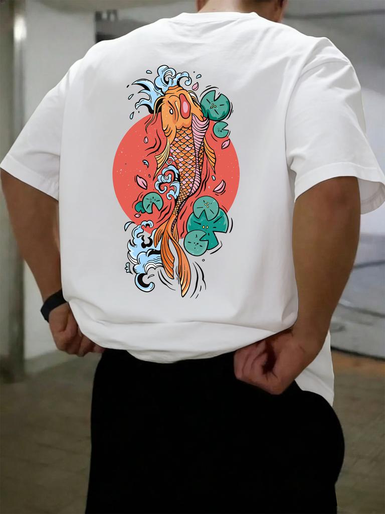 Japanese Koi Fish Mens Tshirt Loose Shortsleeved Summer Casual Pure Cotton Retro Clothing Suitable for Both Men Women