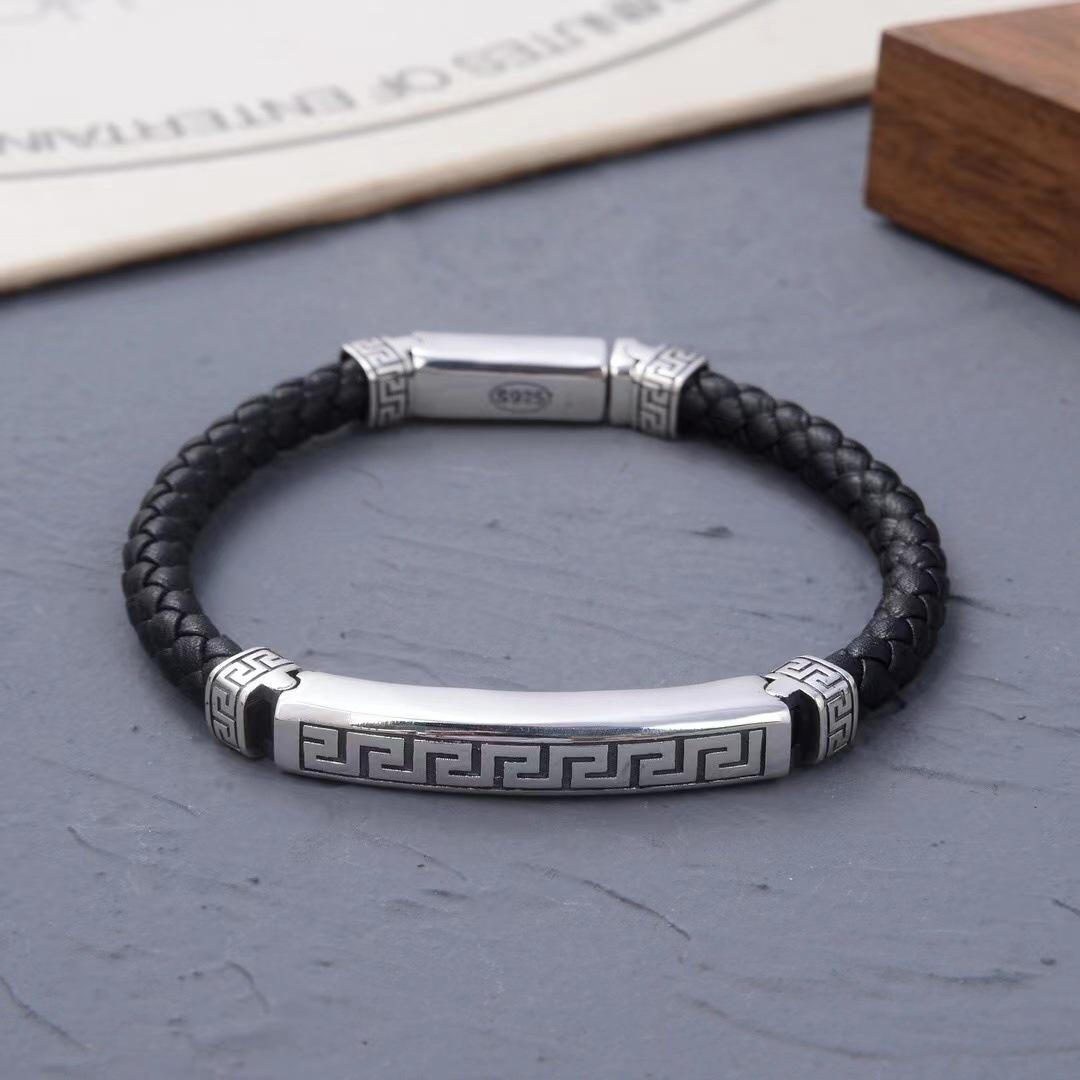 Dropshipping S925 Sterling Silver Jewelry Woven Bracelet for Men Women Stylish Retro Style Patterned Leather Trendy Fashion