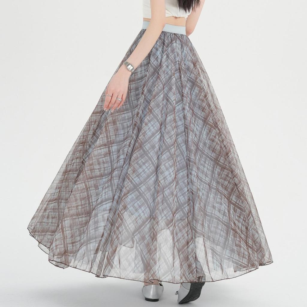 High-Waisted A-Line Plaid Mesh Skirt for Women - Elegant Slimming Umbrella Design