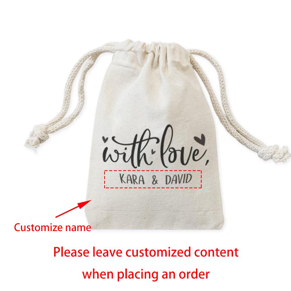 

Personalized With Love with Names Cotton Wedding Favor Bags Cookie Candy and Treat Bag Bachelorette Party Bridal Shower gift 5pcs 13X18cm