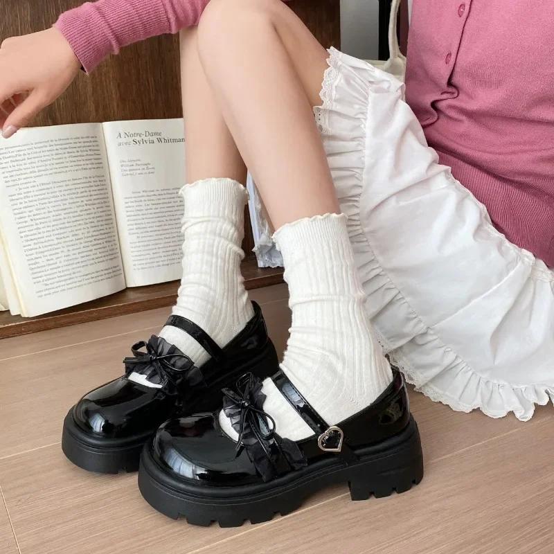 

Fashion Shoes for Women 2025 High Quality Fashion Loafers Butterfly-knot Buckle Strap Round Toe Dress Best Seller Platform Heels zapatos 35 чёрный