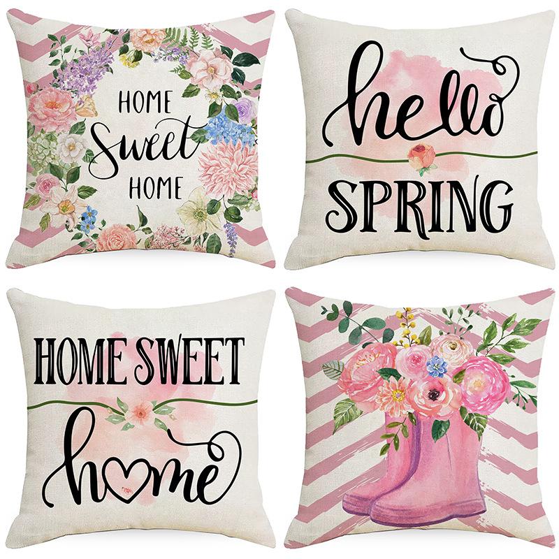 New Spring Theme Linen Pillowcase Letters Flower Garland Digital Print Pillowcase