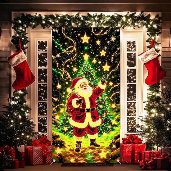Fluorescent Christmas Door Cover UV Activated Glow-in-the-Dark Door Banner for Outdoor Indoor Holiday Decoration