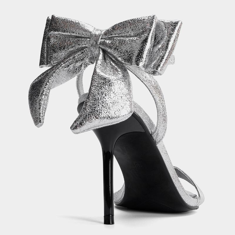 Fashion Silver Bow Decoration Brand High Heel Sandal Women Fashion Ankle Strap Buckle Designer Heels Elegant Banquet Bridal Evening Shoe