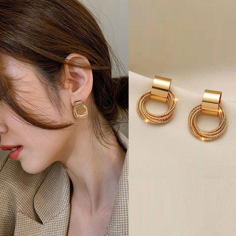 2PC Retro Metal Gold Multi Layer Loop Pendant Earrings for Women's Fashion Zircon Party Daily Wear Matching Accessories-4841