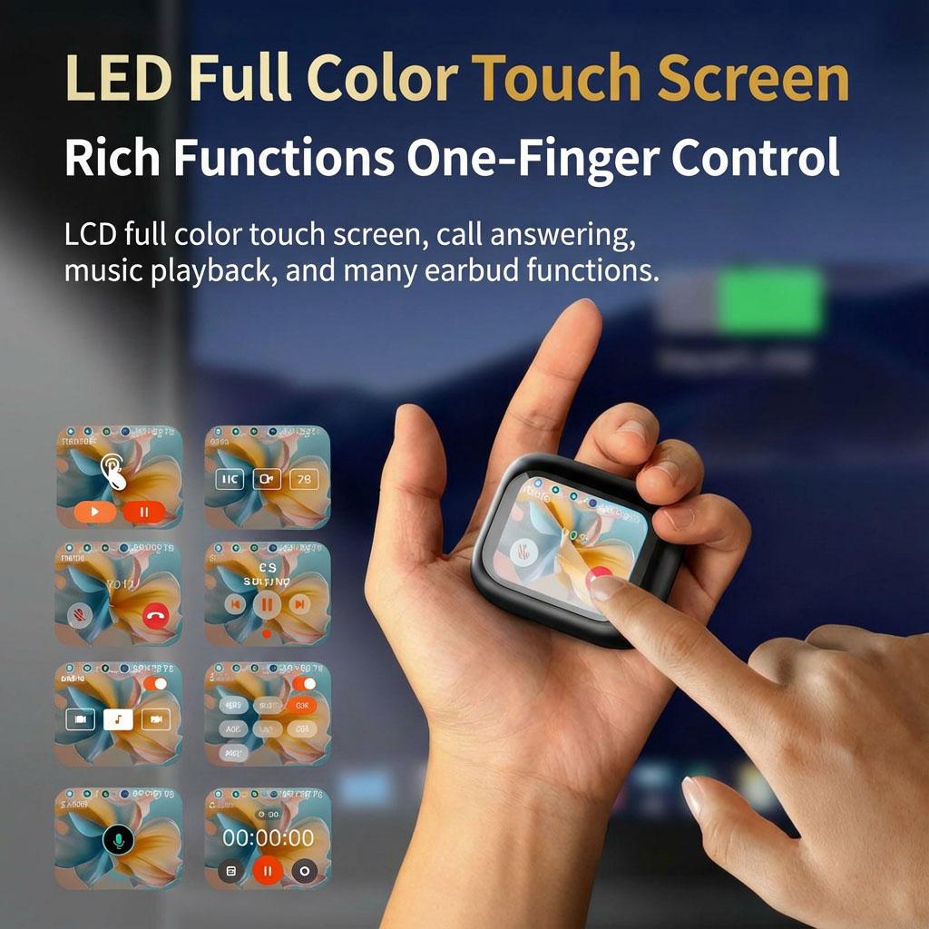 Smart LCD Full Color Screen Earbuds Case Touch Control Volume Wallpaper Switch Headphones