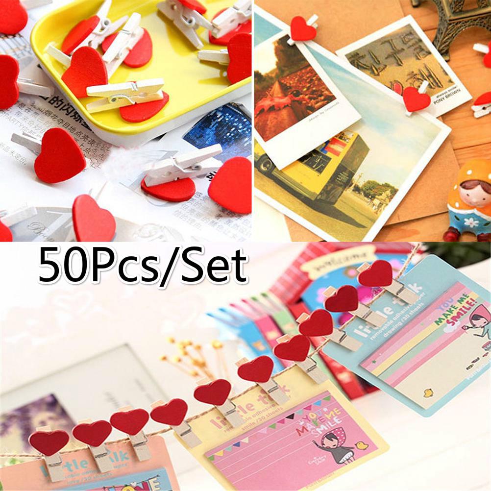 50Pcs Wooden Heart Pegs Clip Stylish Red Love Heartphoto Paper Clips Wedding Decoration Craft