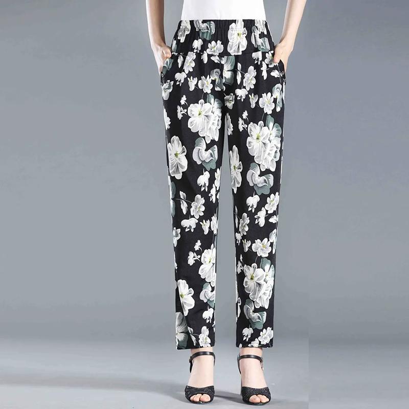 WTEMPO Elastic High Waist Thin Printed Women's Spring Summer Ice Silk Wide Leg Pants Mother's Loose Cropped Pants
