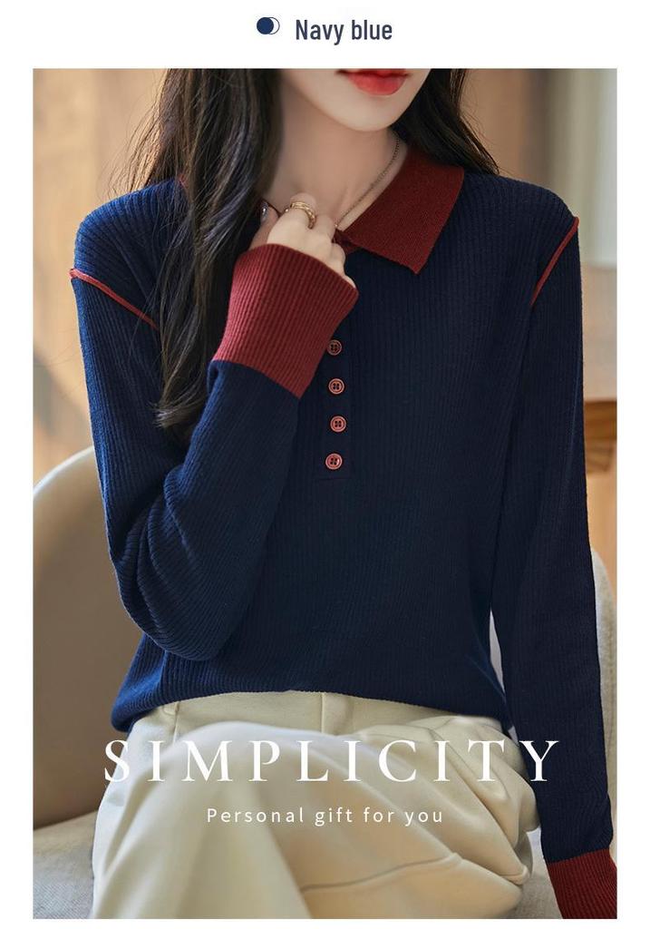 Color-Block Wool Knit Long Sleeve Polo Sweater