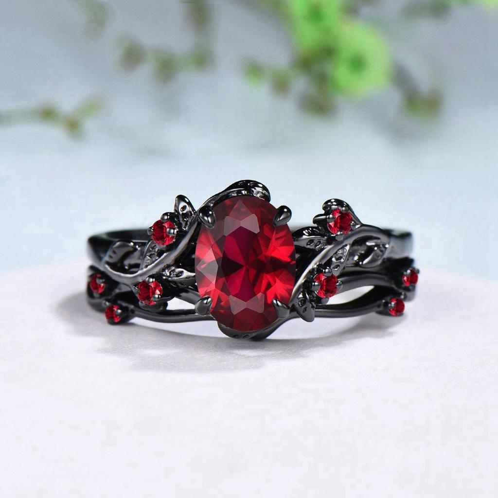2Pcs/Set Fashion Black Gold Color Red Rhinestone Zircon Rings For Women Full Crystal Rings Wedding Engagement Jewelry Gifts