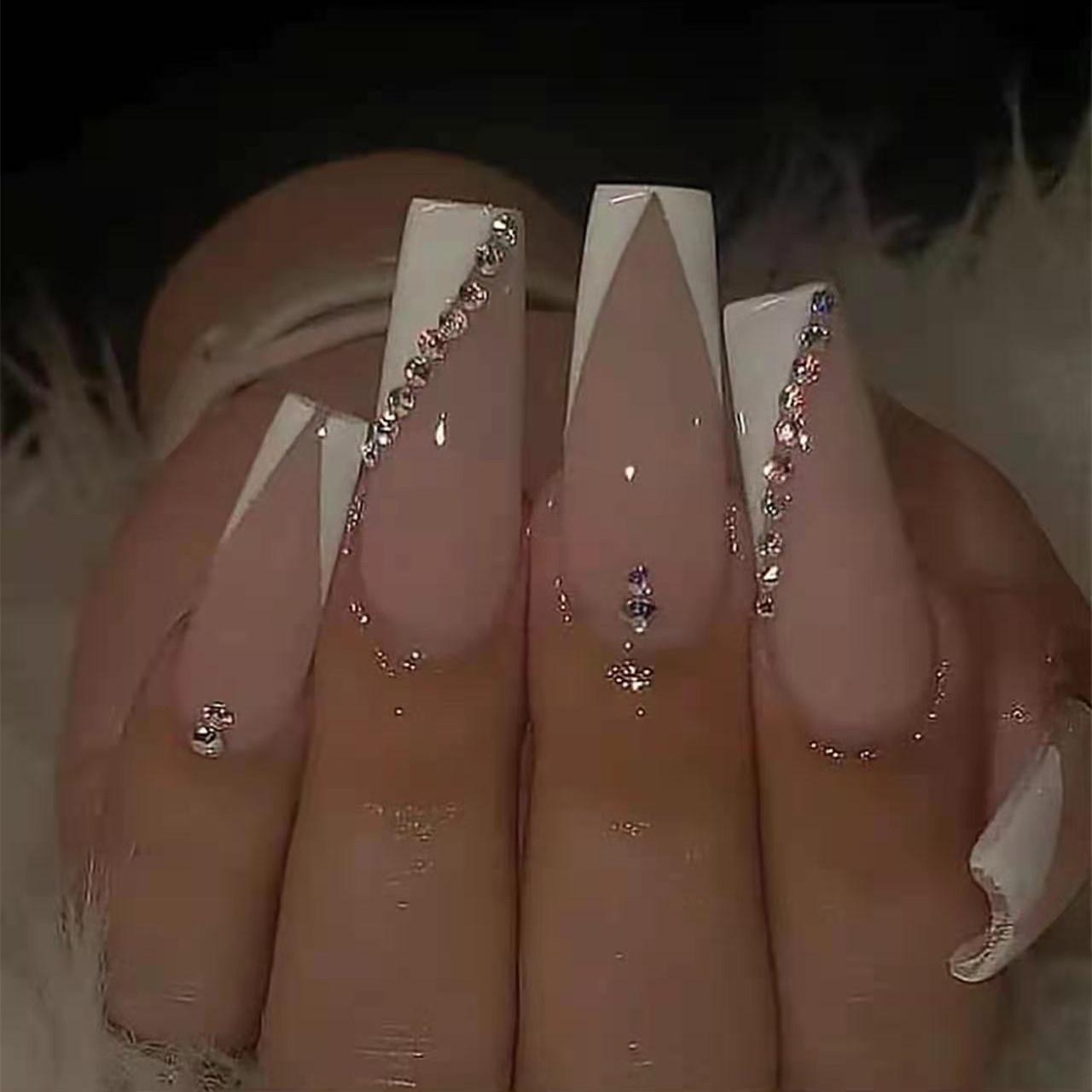

V-Shaped Rhinestone Ballet French Removable False Nail Patches Glue Version