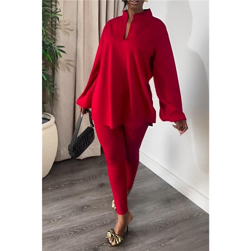 Women 2 Piece Outfit Stand Collar Long Sleeve Blouse + Skinny Pants Casual Suit