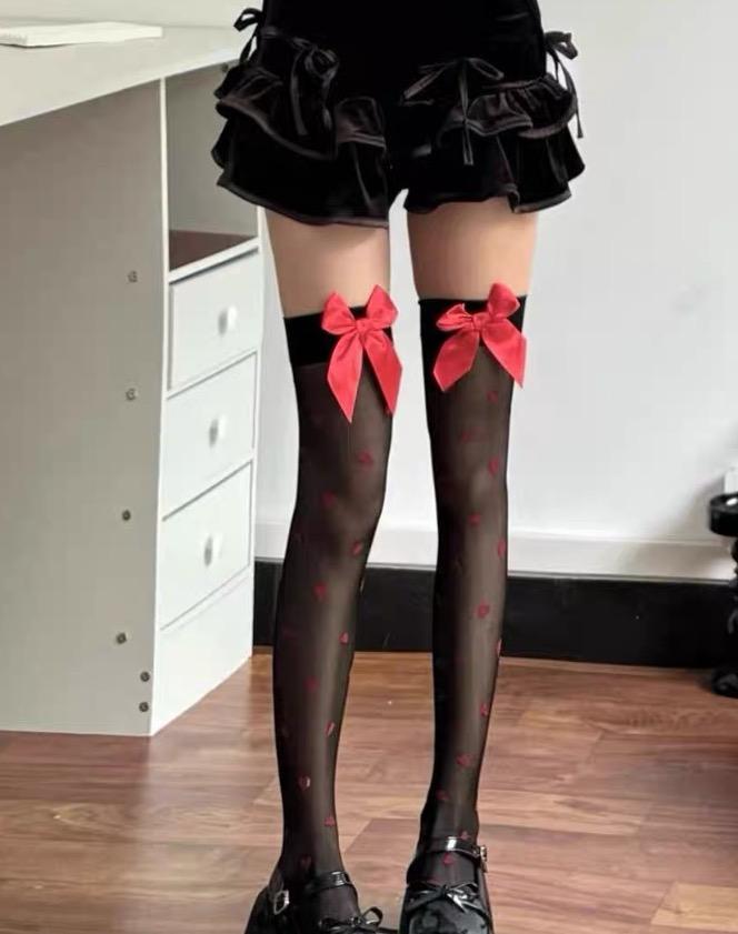 1 Pc Valentine'S Day Women'S Sweet Heart Print Thigh-High Socks, Red Bow Accent Cute Cozy Stockings, Perfect For Romantic Dates