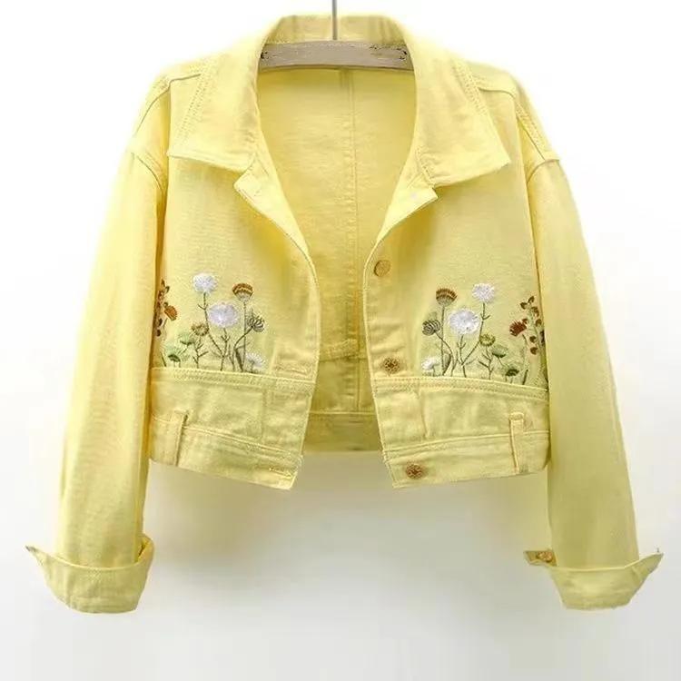 

Женская весенне-осенняя короткая джинсовая куртка с вышивкой, свежая и милая куртка с лацканами XXS