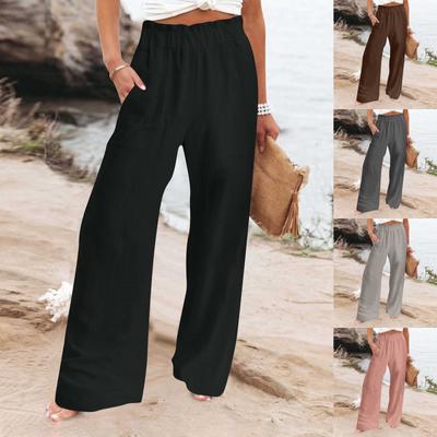 Womens Fashion Solid Color Straight Leg Cotton Linen Loose Wide Leg Pants