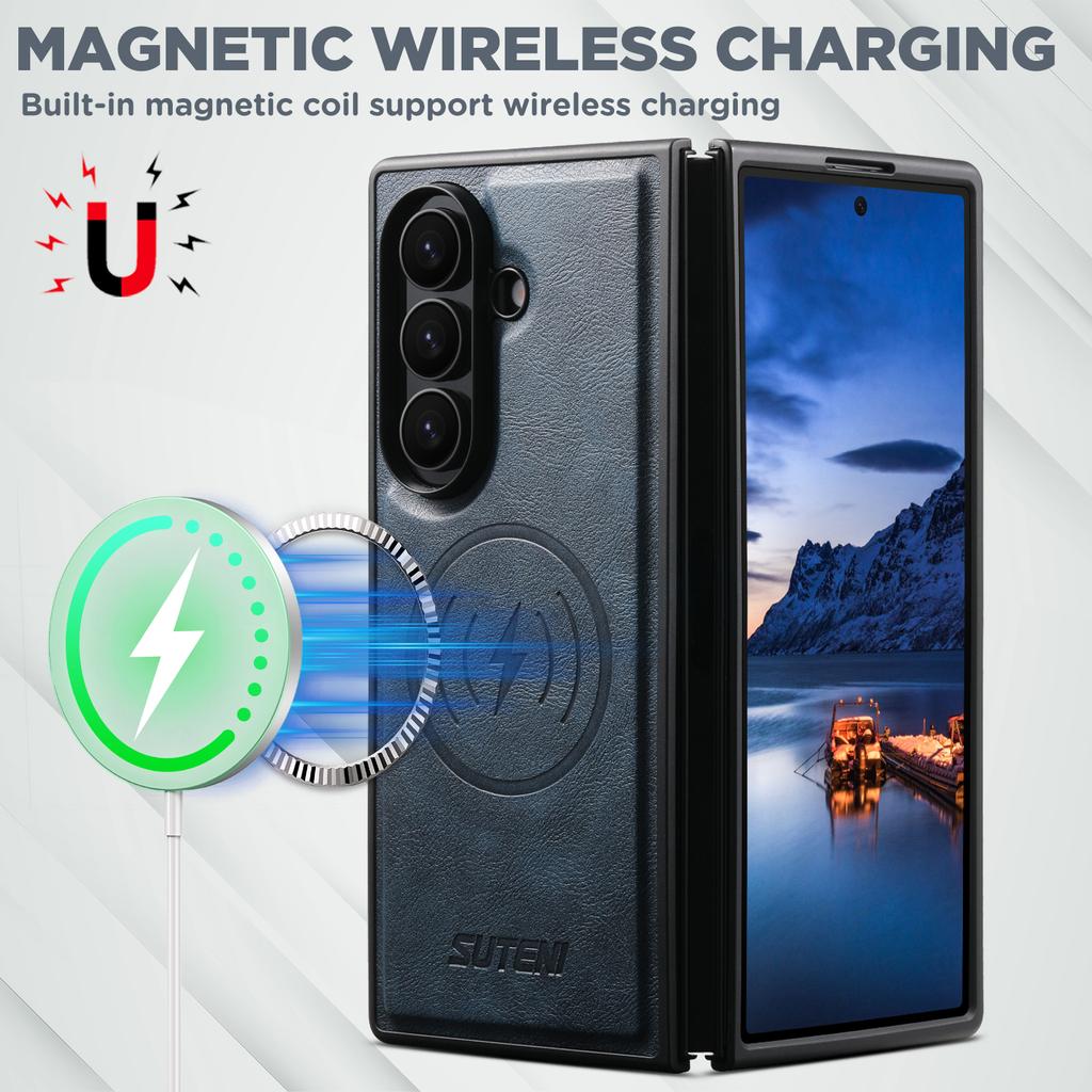 SUTENI for Samsung Z Fold 8 Ultra Phone Case Magnet Wireless Charging Smooth Texture Faux Leather Galaxy Z Fold 7 6