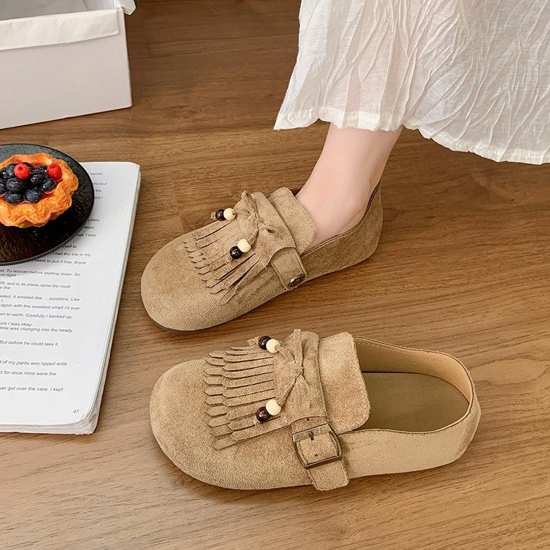Birken Single Shoes Women's 2025 Early Autumn New Versatile Soft Sole Birken Round Head Fringed One Pedal Lazy Doudou Single Shoes