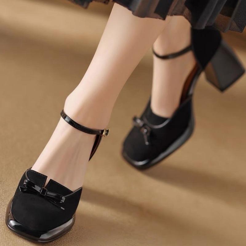 Fashion Sanded leather bow chunky heels with super high heel one-line sandals with bun toe for women brown all-in-one leather shoes