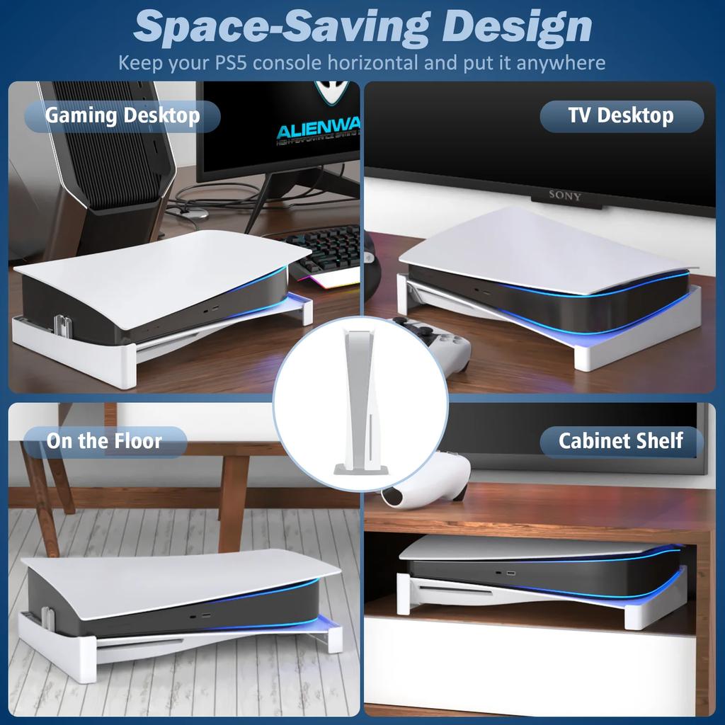 Horizontal Stand For PS5 Console, Anti-Slip Base with EVA Foam, Secure Fit With Screw, White ABS Bracket