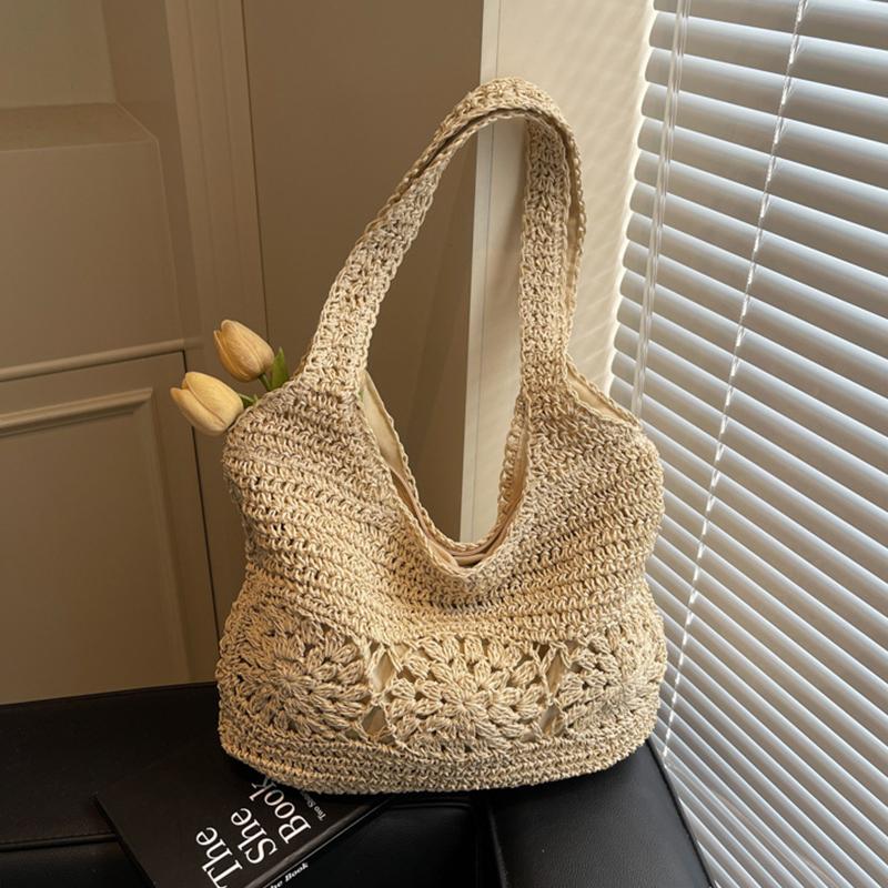 Yogodlns Large Straw Beach Bag with Zipper Summer Shoulder Bag Handbag Hobo Bag Shoulder Purse for Women Travel Vacation