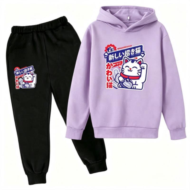 Fashion Cute Anime Cartoon Cat Print Kids Pullovers Pants 2-piece Set Street Casual Fashion Hoodies Vintage Boy's Girl Clothes