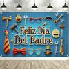 Masculine Father's Day Tapestry, Blue "Feliz Dia Del Padre" with Tools, Ties and Accessories, Festive Party Wall Art
