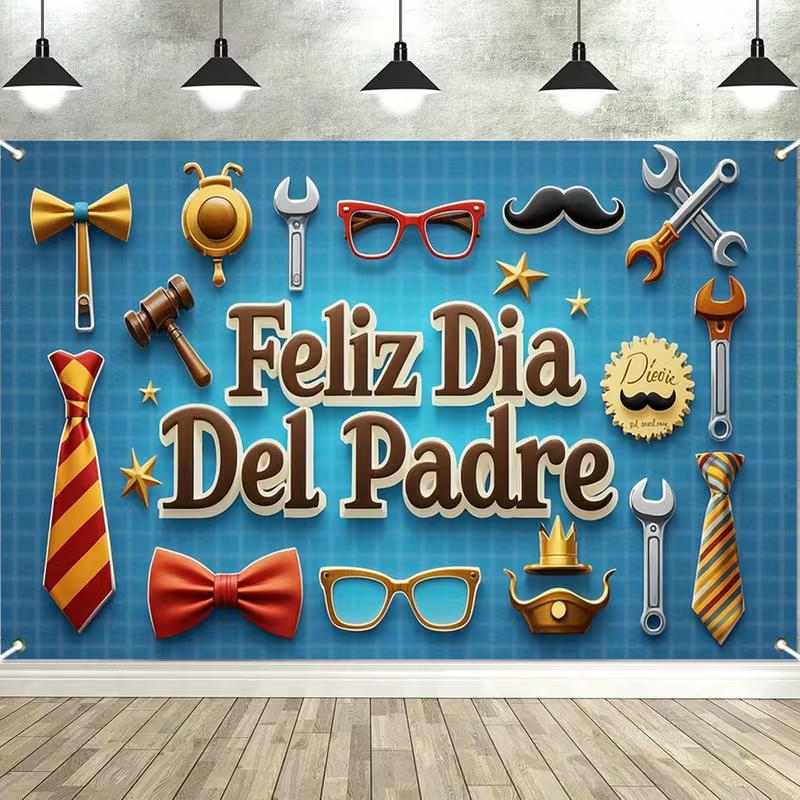 Masculine Father's Day Tapestry, Blue "Feliz Dia Del Padre" with Tools, Ties and Accessories, Festive Party Wall Art