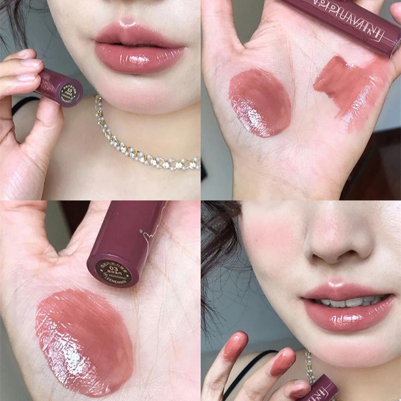 Punk Dark Brown Mirror Water Lip Gloss Red Lip Glaze Transparent Glass Lip Oil Waterproof Liquid Lipstick Clear Tint Makeup