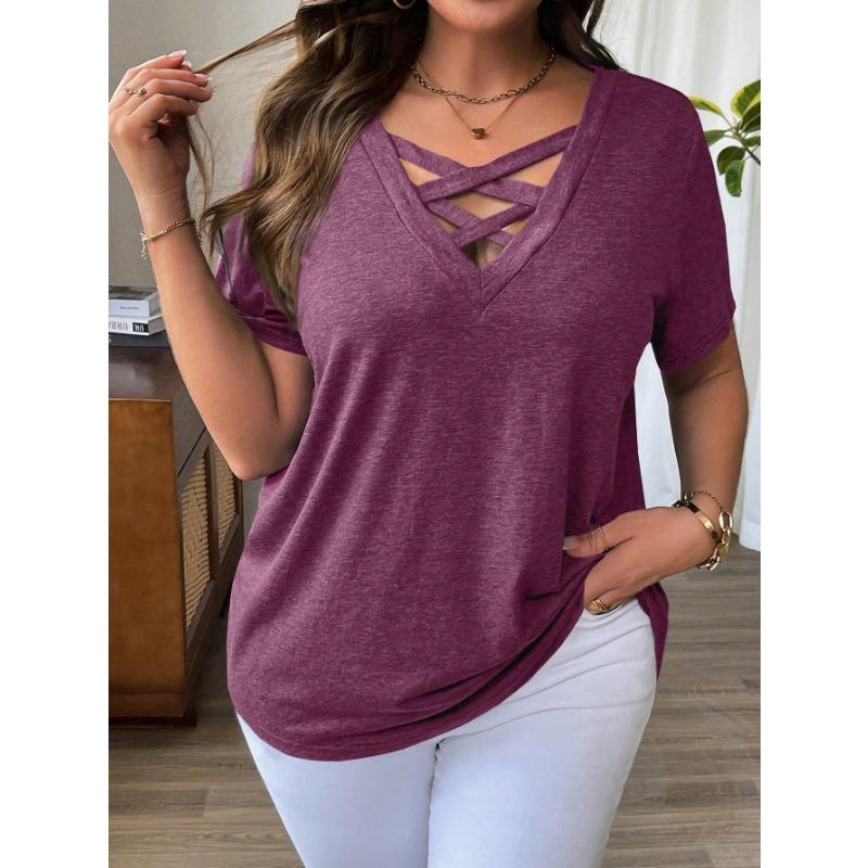 Summer Fashion Plus Women's V-neck T-shirt Solid Color Short Sleeved Sexy Top Shirt