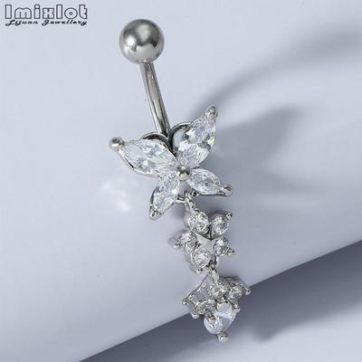 Shiny Crystal Zircon Butterfly Flower Pendant Belly Button Ring Stainless Steel Navel Piercing Belly Body Jewelry Women Gift