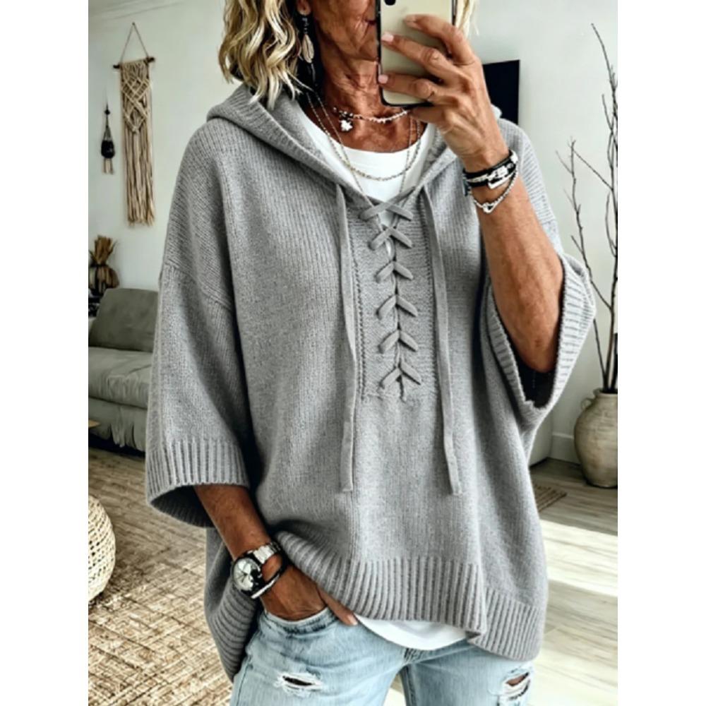 Women's New Knit Hooded Drawstring Sweater Loose Comfortable Hoodie Casual Soft Knitted Pullover Sweatshirt Top