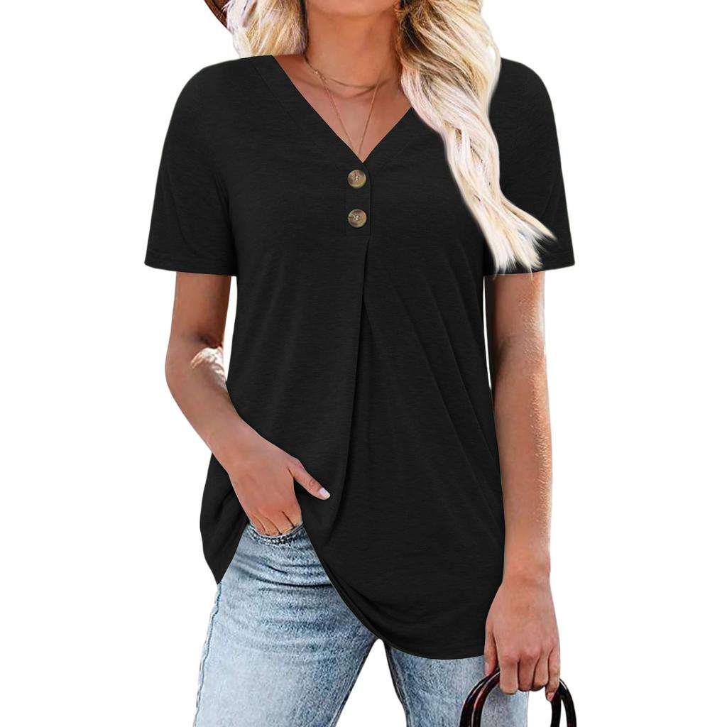Women's Fashion Casual Short Sleeve Buttoned V-Neck T-Shirt Top