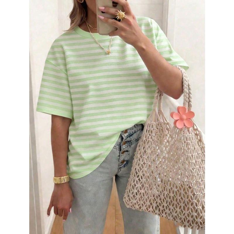 Damska koszulka oversize w paski, drukowana 3D, letnia, casualowa, z okrągłym dekoltem, luźna, modna, z krótkim rękawem, top damski