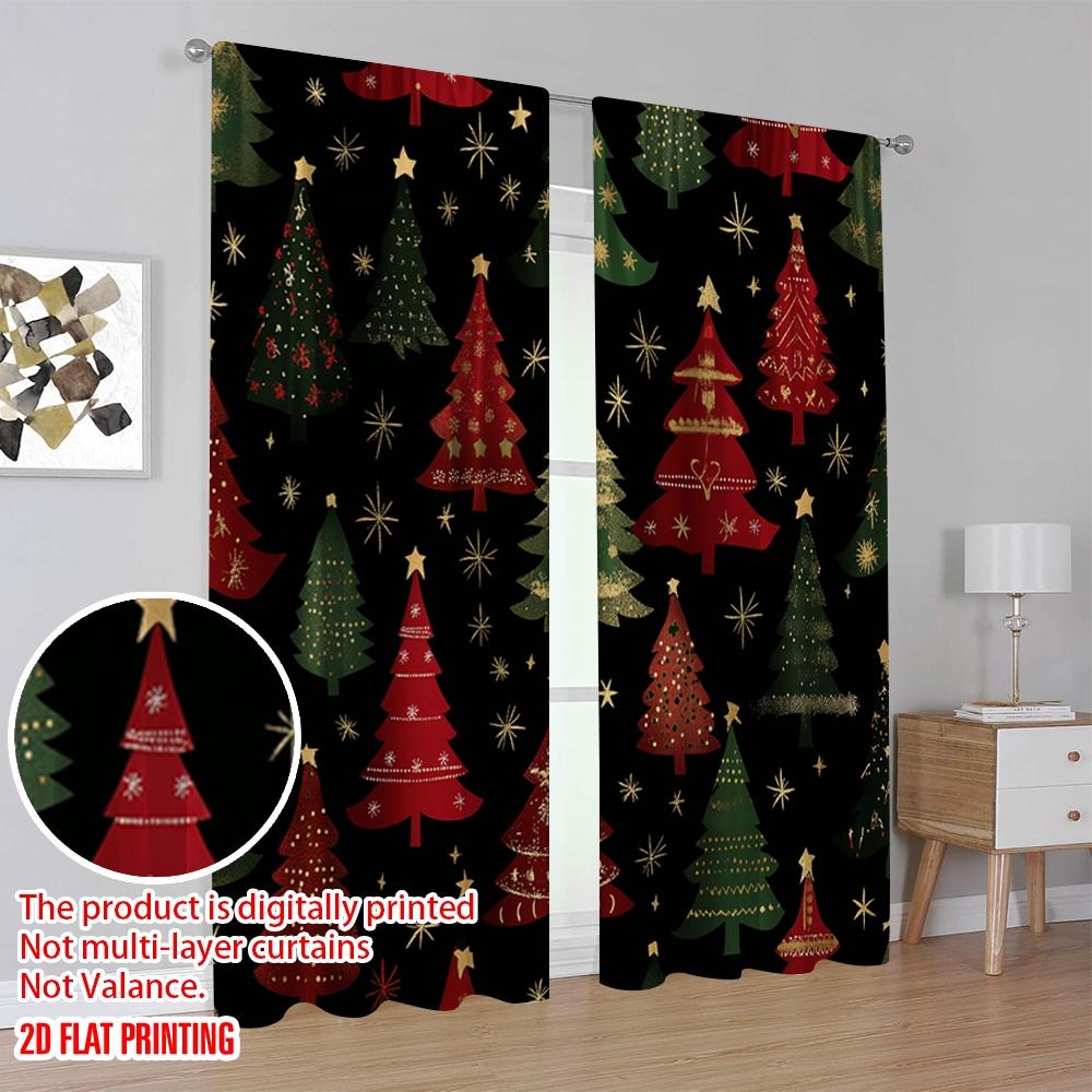 2Pcs,2D Plane Printing Creative Curtains Christmas Trees Snowflakes Ornaments_C (3) Polyester Easy Install (Without Rod) Holiday