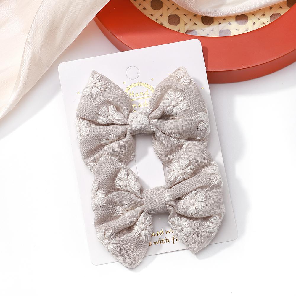2Pcs/set Bows for Girls Hair Pins Embroidery Printing Hair Clips Solid Color Bowknot Handmade Barrettes Kids Hair Accessories