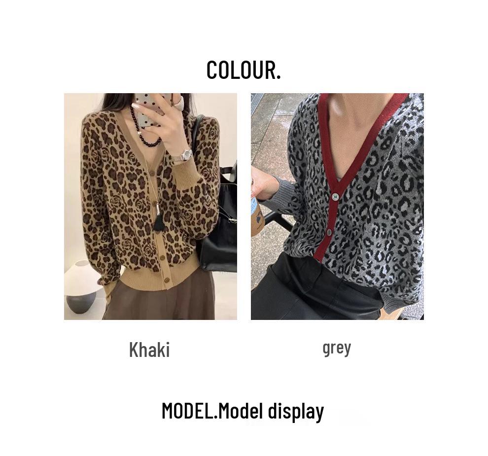 Women's Wool Leopard Print V-Neck Cardigan - Thickened for Autumn & Winter, Stylish & Versatile Slimming Design