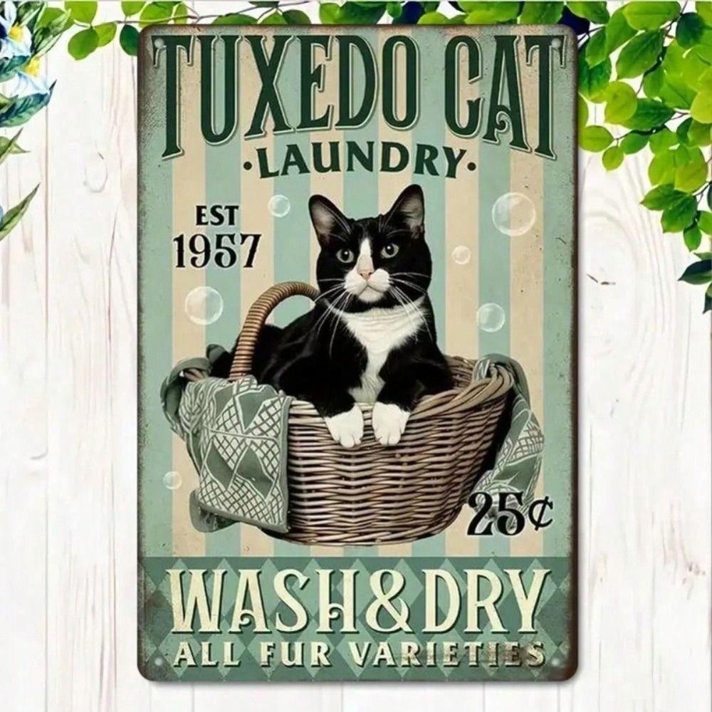 Metal Poster Wall Art, Retro Cat Laundry Room Decor, Wash Dry All Fur Breeds