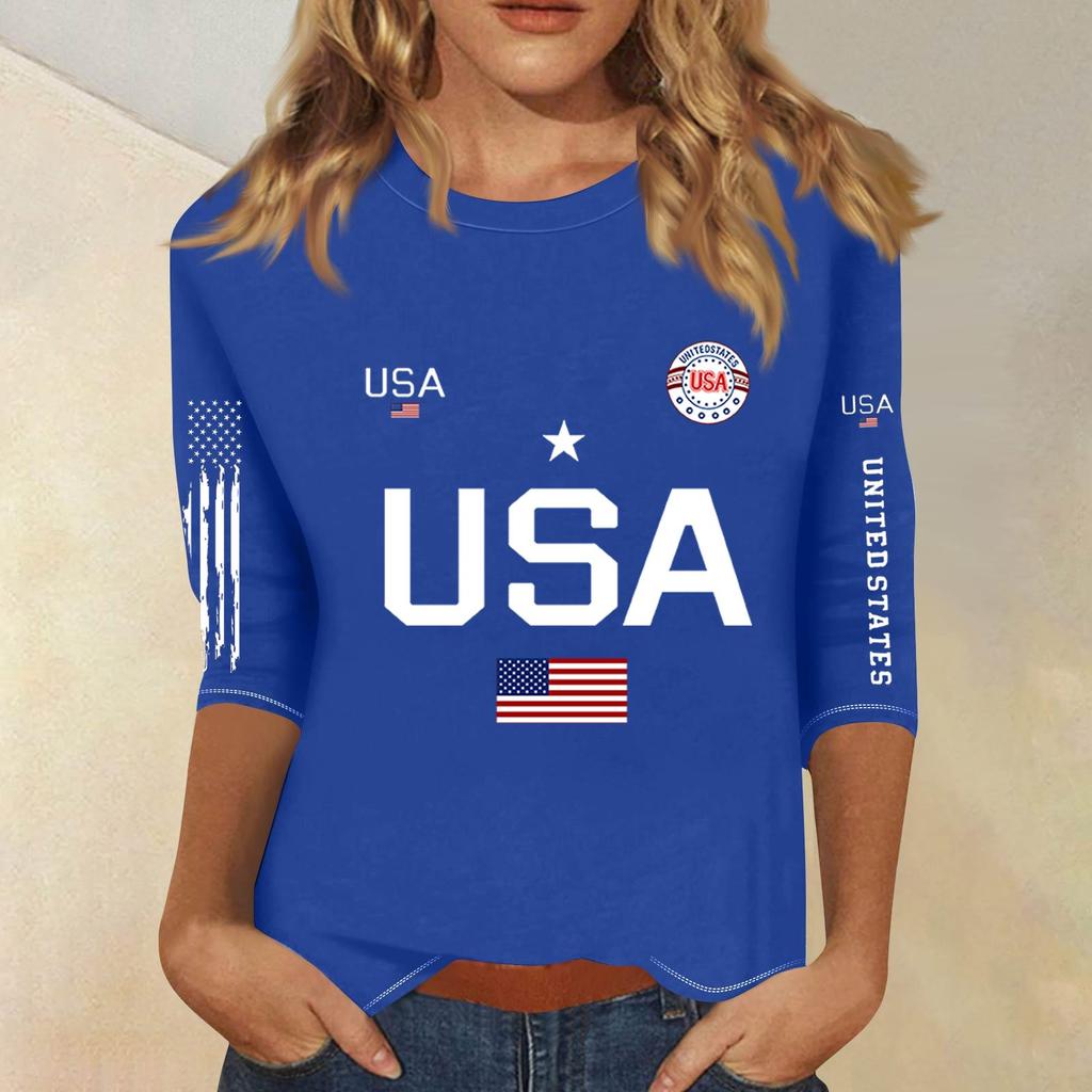 3/4-Ärmel Oberteile für Damen T-Shirt Lässig Print Oberteile T-Shirt Rundhals Pullover Bluse