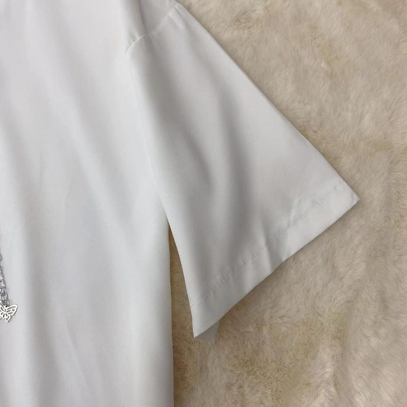 Camisa de Color liso con diseño de cadena y lazo, Blusa de manga corta para mujer, Blusas holgadas de estilo preppy para verano, vestido para parejas
