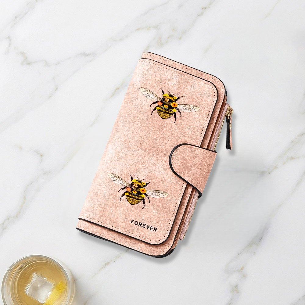 Long wallet with bee illustration and flower print multifunctional portable snap closure coin purse suitable for both men and women daily use travel