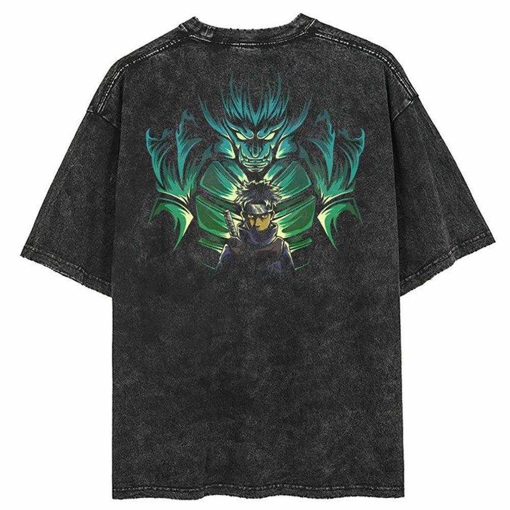 Streetwear Washed Naruto Anime T-shirt for Men and Women Pure Cotton Summer New Short Sleeve Retro Vintage Design