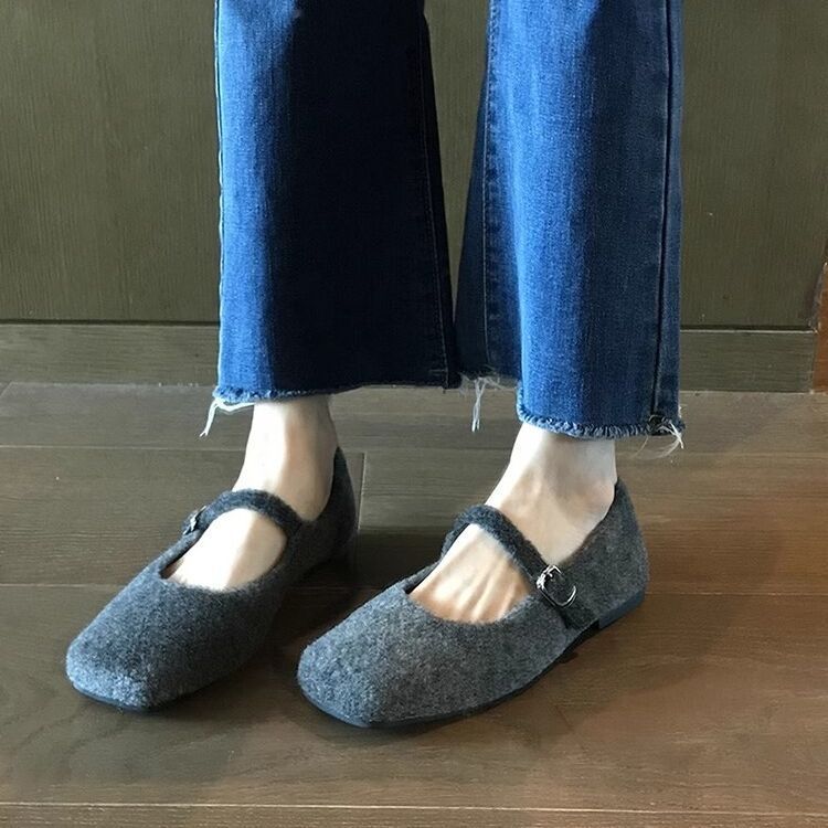 Fleece Warm Cotton Shoes Women's Fluffy Single Shoes Women's Winter New French Evening Breeze Square Head Flat Mary Jane Shoes