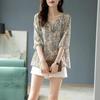 Spring New Style Fashionable and Age Reducing Lace Up V-neck Printed Seven Quarter Sleeve Western Style Chiffon Belly Cover Top