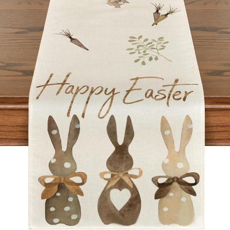 1PC Bunny Rabbit Flowers 13x72" Kitchen Dining Cute Table Runner 2025 Home Party Decor Linen Easter