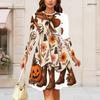 Women Plus Size Round Neck Long Sleeve Swing Dress Halloween Opossum Pumpkin Print Casual Party Dress
