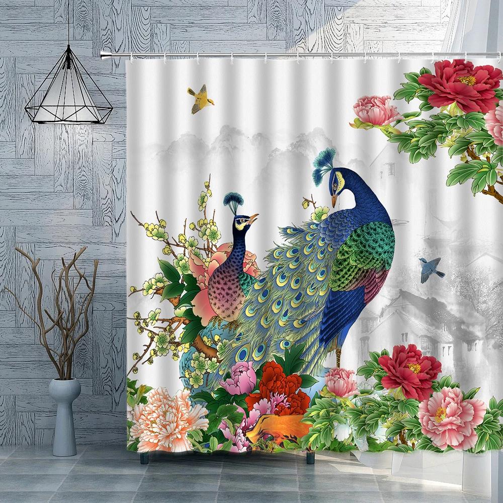 Peacocks Flower Shower Curtain Classical Oil Painting Scenery Peony Flower Birds Bathroom Curtain Bathroom Accessories Set Hooks