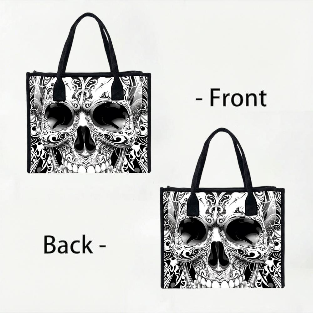 Black White Skull Pattern Large Tote Bag Casual Portable Handbag for Daily Use