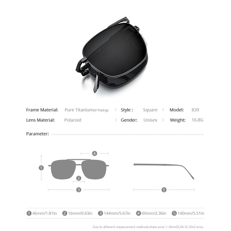 Lunettes de Soleil Polarisées en Titane Pur FONEX Homme Pliables Carrées Lunettes de Soleil pour Femme Ultra-légères Haute Qualité Monture Japonaise 839