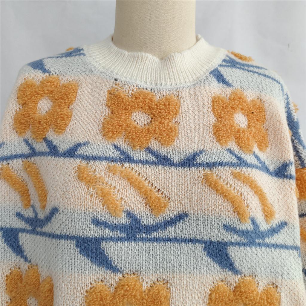Autumn and Winter New Sweet and Cute Style Flower Jacquard Towel Embroidered Knitted Round Neck Thick Sweater for Women 3579 KTB