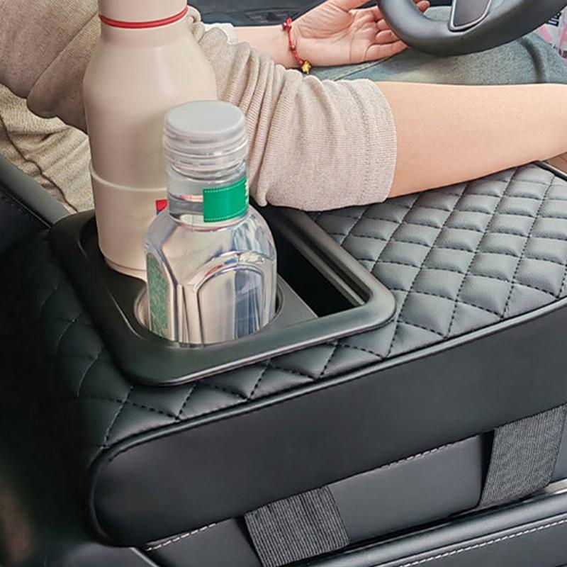 Car Center Console Armrest Cushion PU Leather Armrest Pillow With 2 Cup Holder Portable Auto Elbow Support Pad Central Arm Rest
